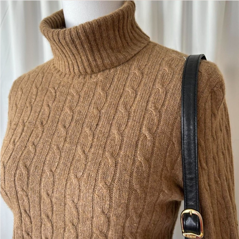 J.Crew tan cable knit turtleneck sweater wool cashmere blend size Large. - Picture 2 of 8